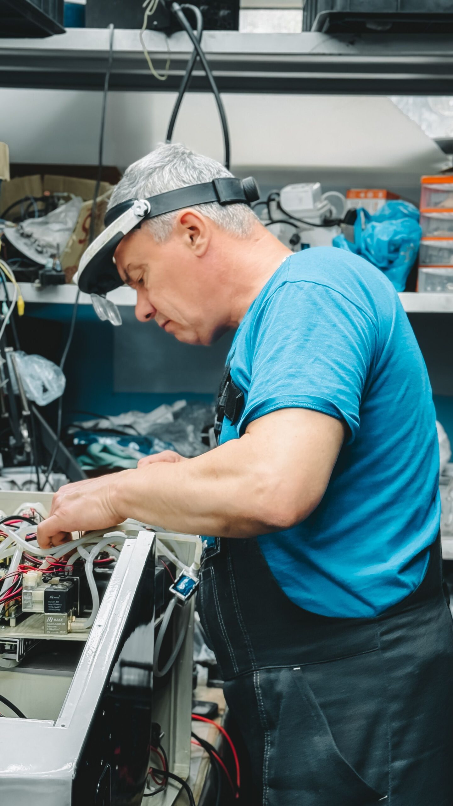 Skilled technician working on electronic equipment with precision tools in a busy workshop.